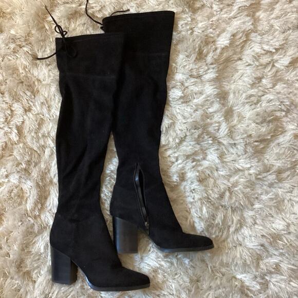 Marc Fisher Tall Over the Knee Boot Black Suede US 10 Heeled Pointy Toe Tie Back - Picture 2 of 10